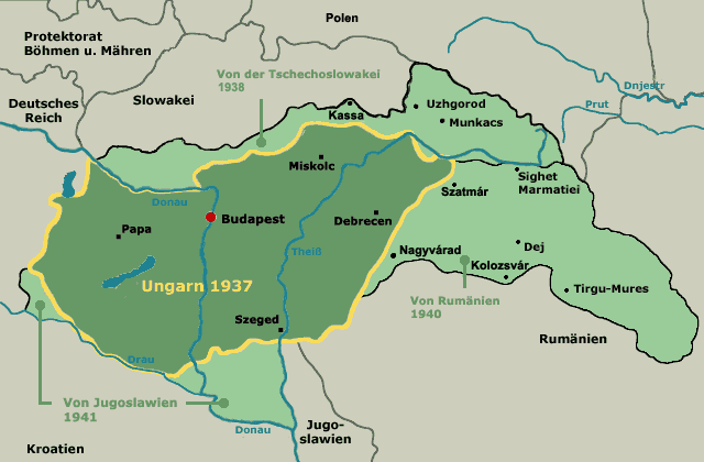 Karte des ungarischen Staatsgebiets 1937 und seiner Ausdehnung in die vorher zu Rumänien, Tschechoslowakei, Jugoslawien und Kroatien gehörenden Gebiete.