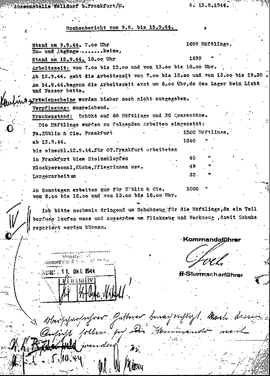 Wochenbericht. Eingesetzt für Firma Züblin 1500 Häftlinge; für OT Steineklopfen 40 Häftlinge