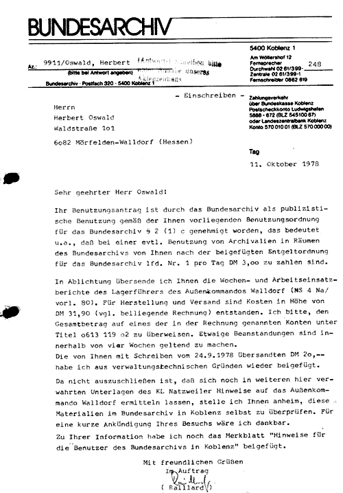 Antwortschreiben des Bundesarchivs vom Oktober 1978