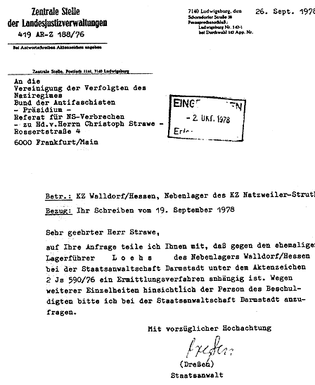 Antwortschreiben der Zentralstelle vom September 1978